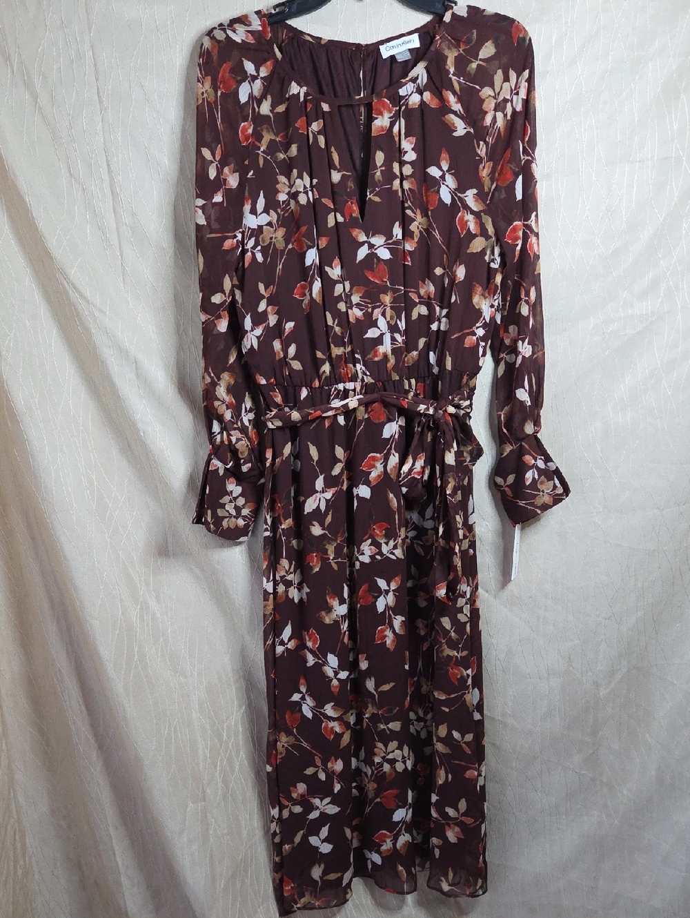 Calvin Klein Brown Floral Long-Sleeve Tie-Waist Maxi Dress